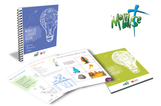Photograph of the Mobilise Leaders Guide, a selection of worksheets and the Mobilise Activity Workbook