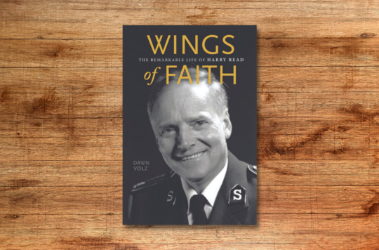 Wings of Faith by Dawn Voltz book cover featuring a black and white photo of Harry Read