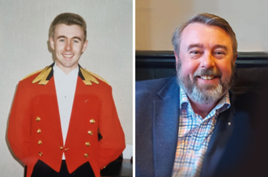 A photo of a young Austin Burn wearing his Royal Household uniform and a recent photo of Austin Burn