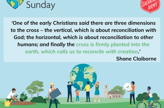 ‘One of the early Christians said there are three dimensions to the cross – the vertical, which is about reconciliation with God; the horizontal, which is about reconciliation to other humans; and finally the cross is firmly planted into the earth, which calls us to reconcile with creation.’ Shane Claiborne