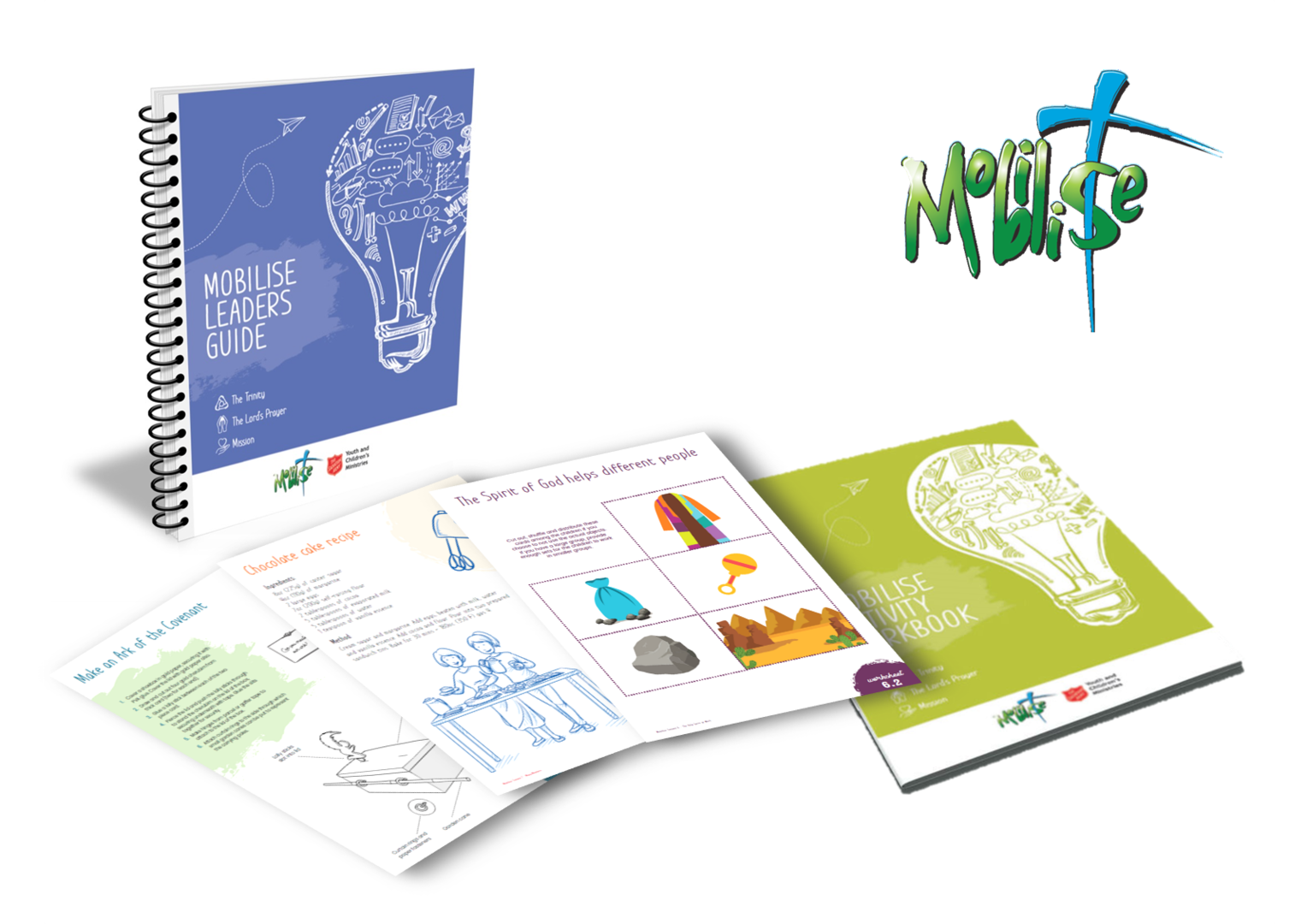 Photograph of the Mobilise Leaders Guide, a selection of worksheets and the Mobilise Activity Workbook