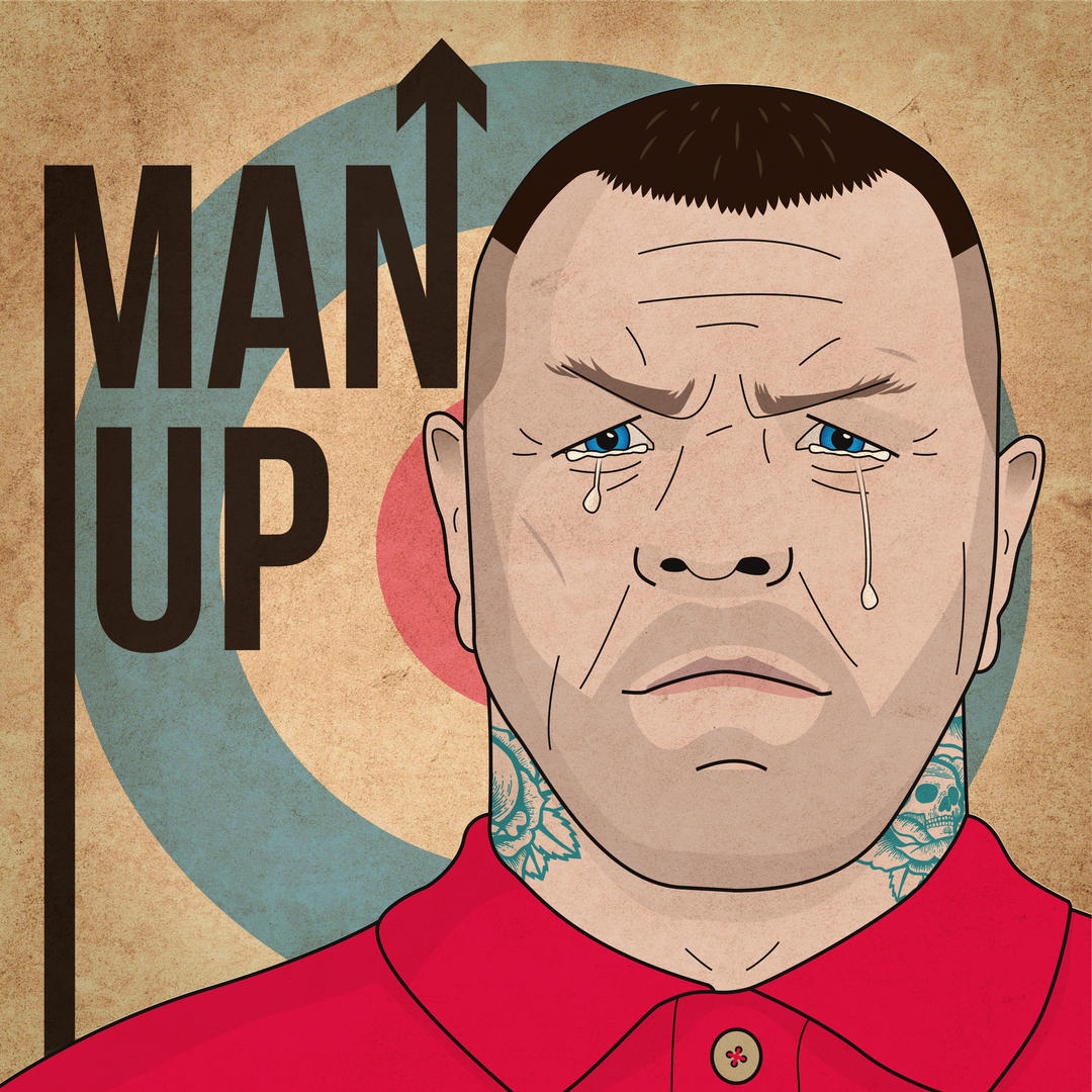 Upbeat track01 artwork - Title 'Man up' with image of stereotypically masculine man with close-shaved hair who is crying