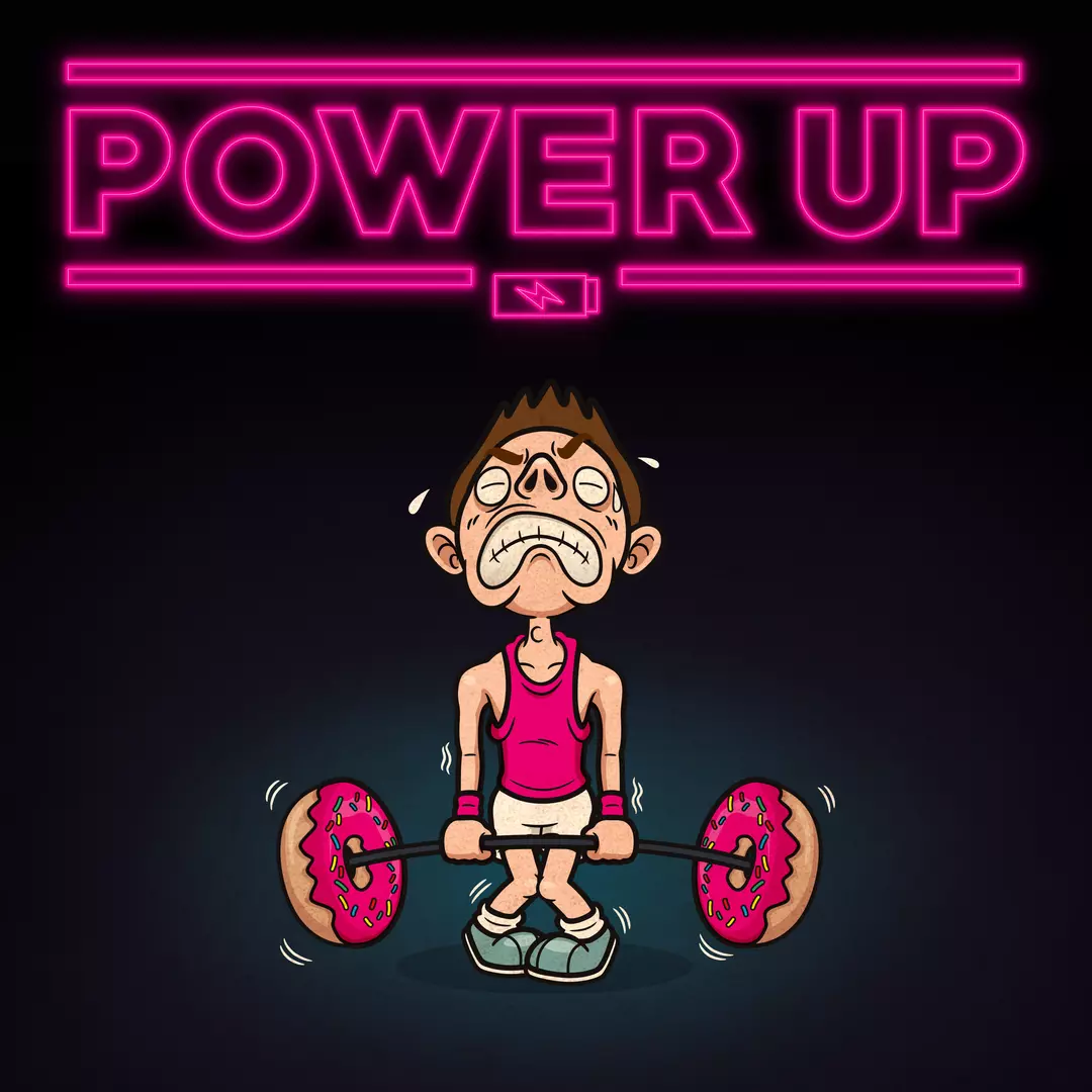 Upbeat track04 artwork - Title 'Power up' with illustrated image of a guy in gym clothes straining to pick up a barbell of weights (which are actually doughnuts)