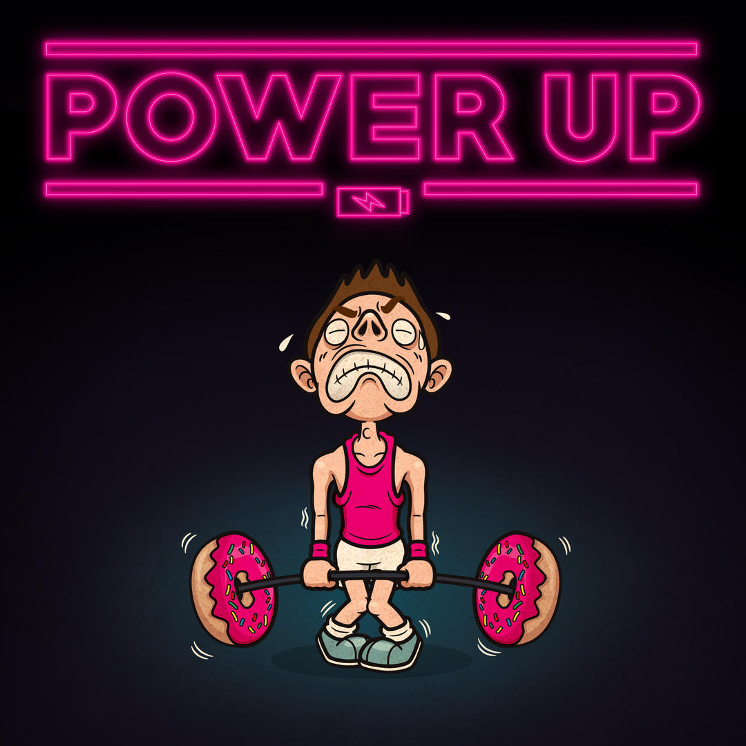 Upbeat track04 artwork - Title 'Power up' with illustrated image of a guy in gym clothes straining to pick up a barbell of weights (which are actually doughnuts)