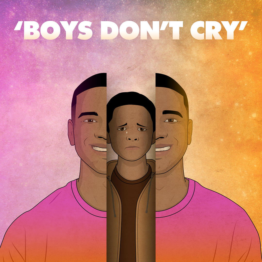 Upbeat track05 artwork - Title 'Boys don't cry' with illustration of a teenage boy who is smiling - the image is split in half and within this image is an image of the same boy as a child but who is displaying anxiety/fear