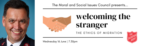 Welcoming the Stranger event logo and a photo of Dean Pallant