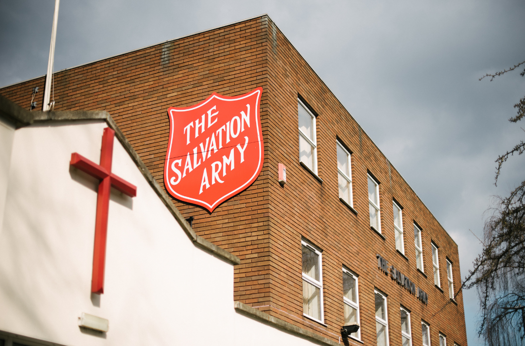 A Salvation Army building with a red shield