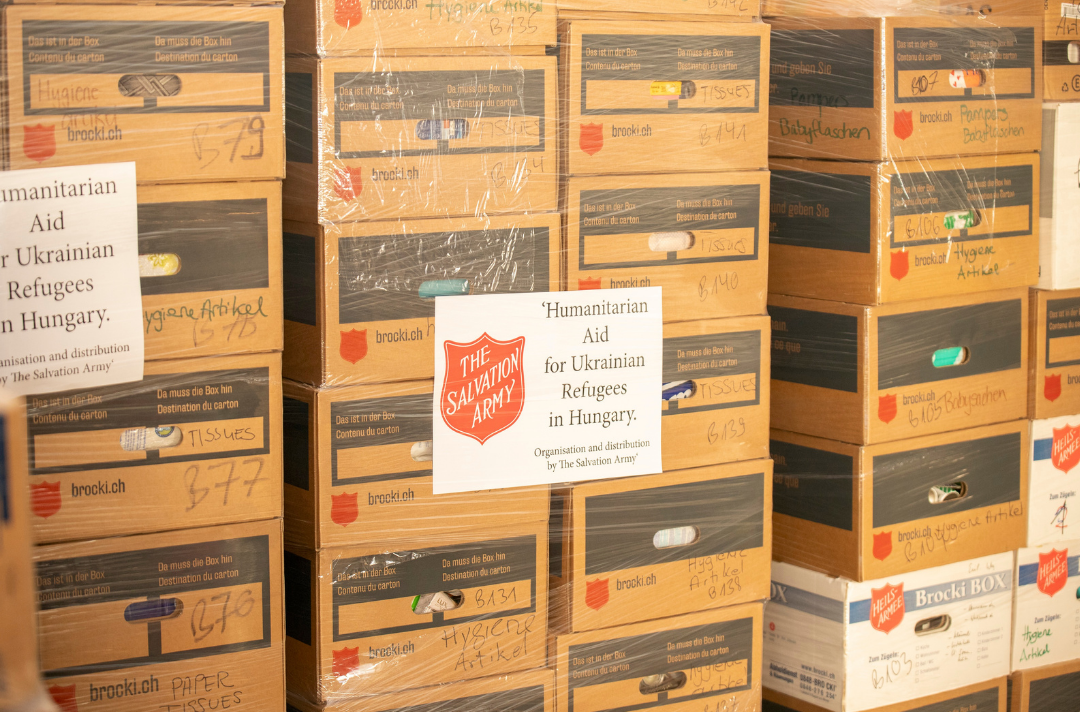 Boxes of humanitarian aid ready to be distributed by The Salvation Army