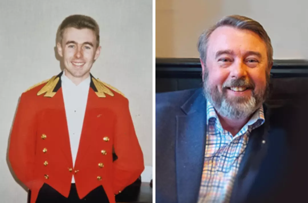 A photo of a young Austin Burn wearing his Royal Household uniform and a recent photo of Austin Burn
