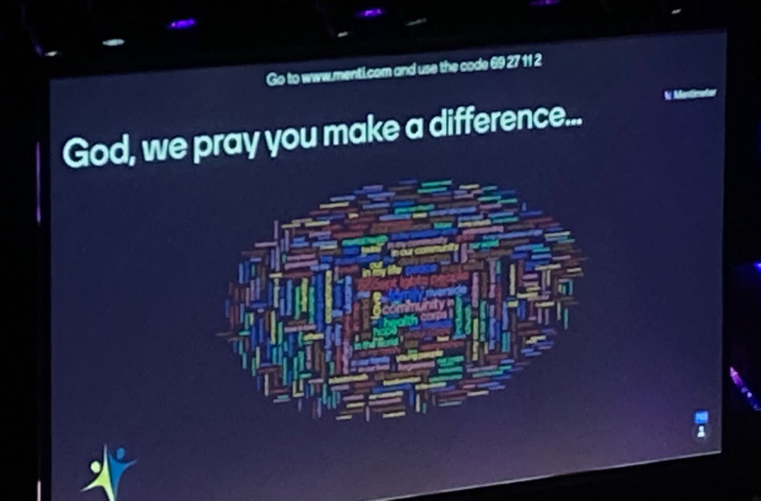A word cloud of prayer topics on the screen in the auditorium