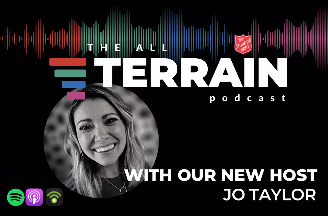 A picture of Jo Taylor with The All Terrain Podcast artwork