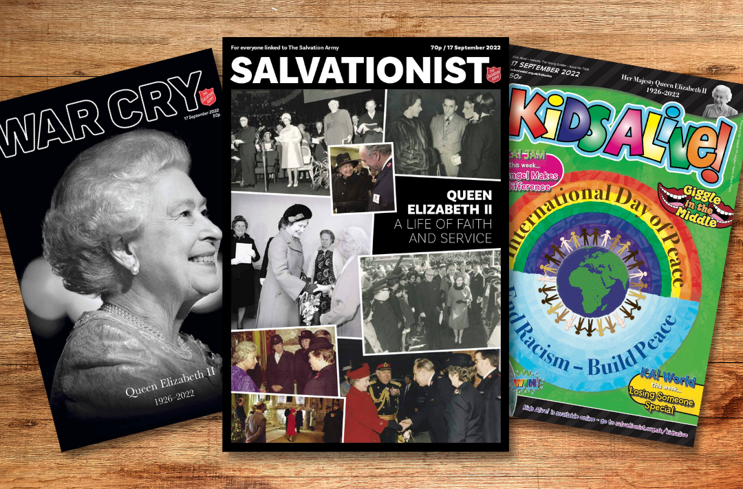 The front pages of the War Cry, Salvationist magazine and Kids Alive! featuring photos of Queen Elizabeth II