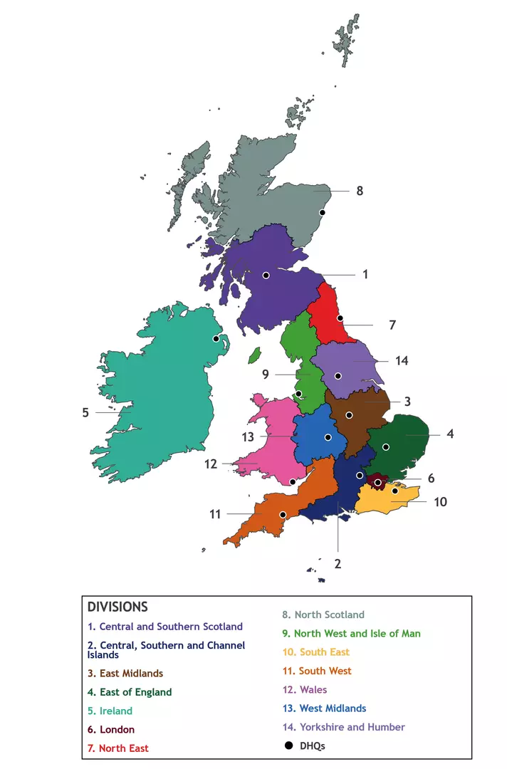 A map of the UK and Ireland Territory split into the proposed divisions and locations of DHQs. Each division has a different colour and number. 1: Central and Southern Scotland. 2: Central, Southern and Channel Islands. 3. East Midlands. 4. East of England. 5. Ireland. 6. London. 7. North East. 8. North Scotland. 9. North West and Isle of Man. 10. South East. 11. South West. 12. Wales. 13. West Midlands. 14. Yorkshire and Humber.