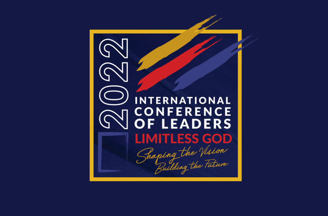 Logo for the International Conference of Leaders 2022, featuring yellow, red and blue colours and the words 'Limitless God: Shaping the vision, building the future'