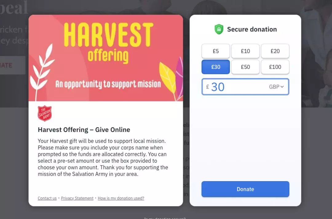 A screenshot of the Harvest online giving form