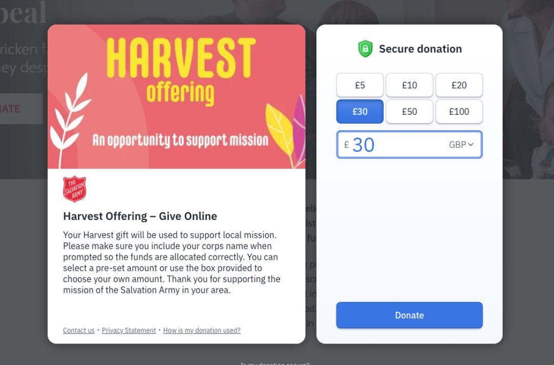 A screenshot of the Harvest online giving form 