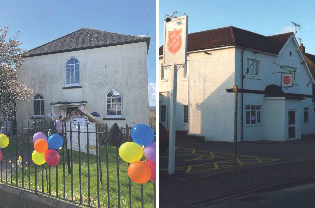 Two photos side by side. The first of a building with balloons outside. The second of a converted pub with Salvation Army red shield signage
