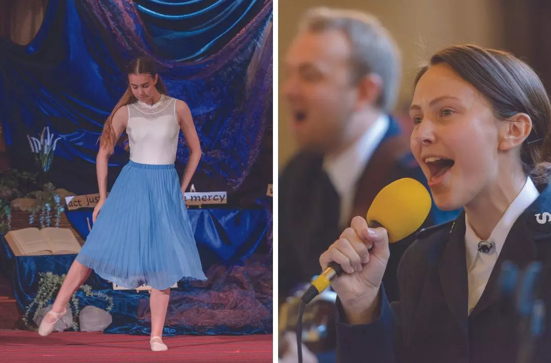 A teenager dancing and a singer holding a microphone wearing Salvation Army uniform