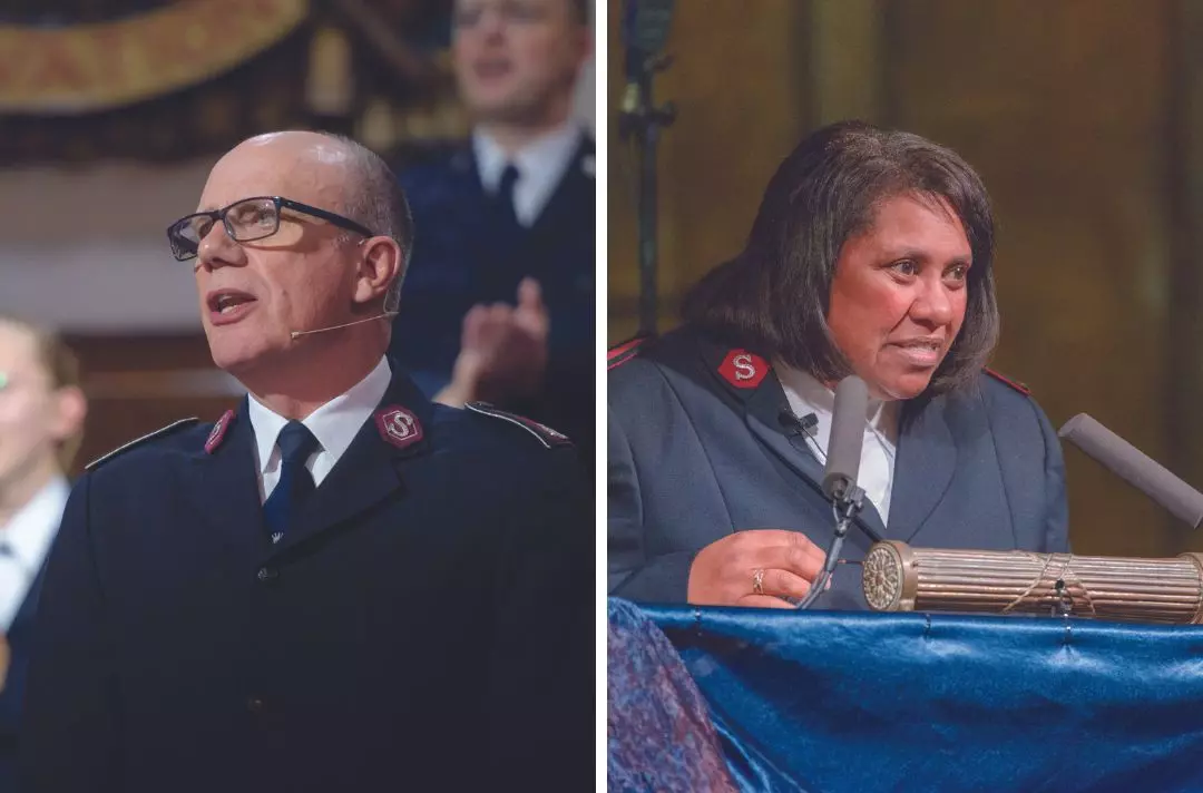 Two photos: Anthony Cotterill and Althea Bawden. Both are speaking to the congregation from the platform.