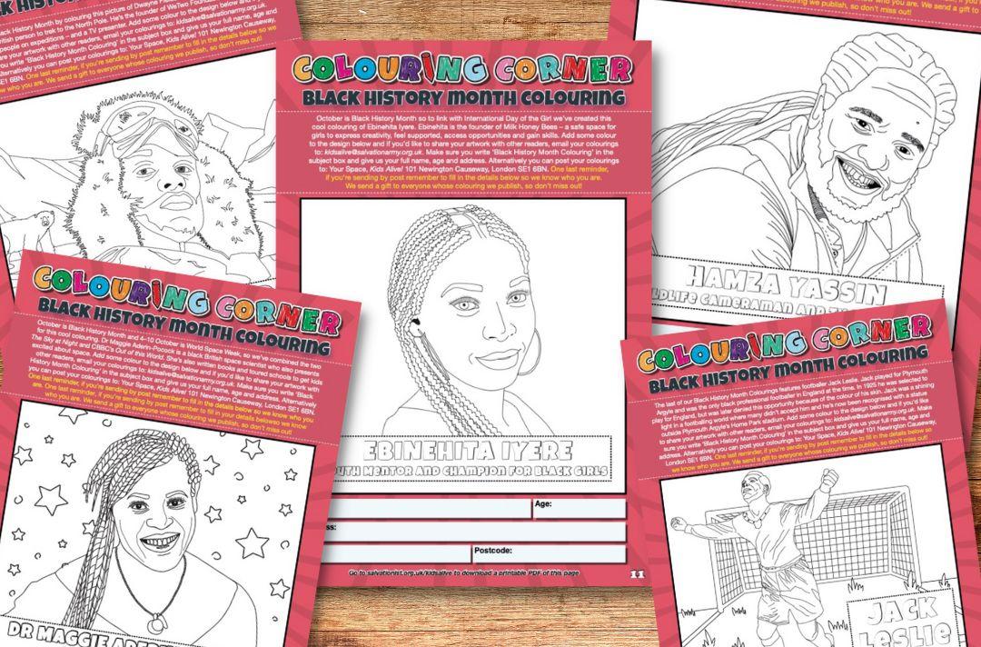 A graphic showing the colouring pages from Kids Alive! featuring black British celebrities