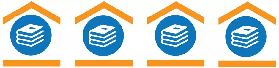 A row of the same four icons, a small stack of hardback books inside a simplified house.