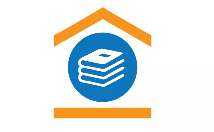 A logo showing a stack of books, inside a simplified drawing of a house.