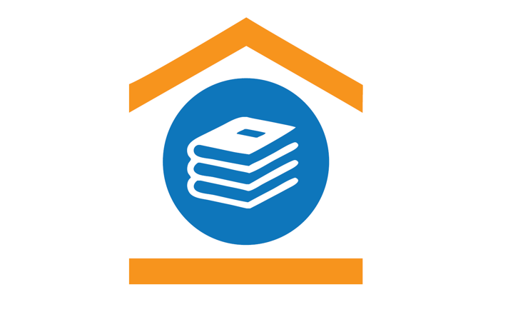 A logo showing a stack of books, inside a simplified drawing of a house.
