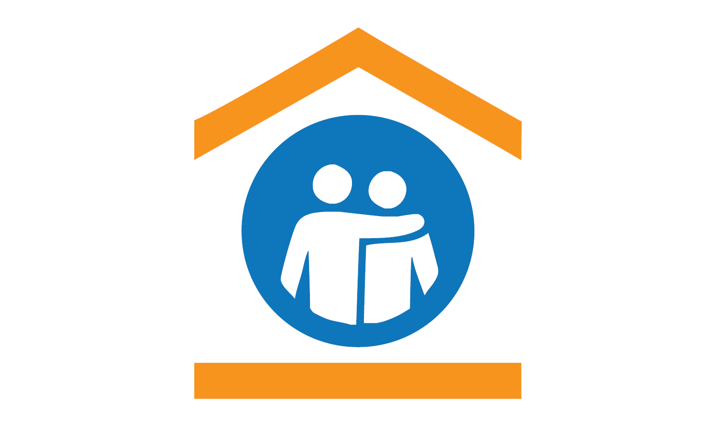 A logo showing two figures, one with their arm around the others should, inside a simplified drawing of a house.