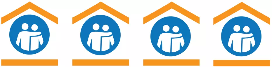 A row of the same four icons, two people, one with their arm around the other's shoulder, inside a simplified house.