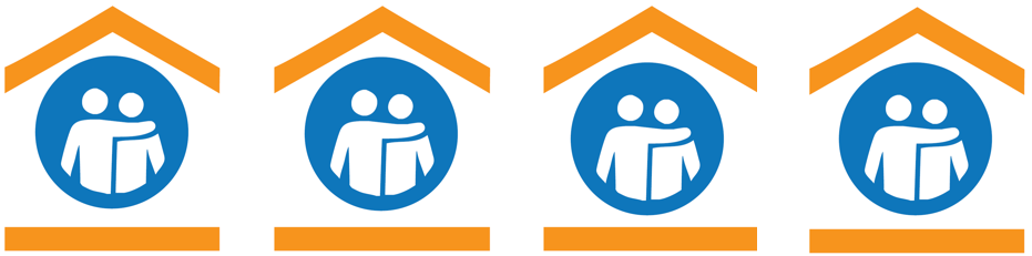 A row of the same four icons, two people, one with their arm around the other's shoulder, inside a simplified house.