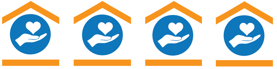 A row of the same four icons, an open hand with a heart above it inside a simplified house.