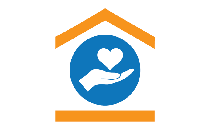 A logo showing a heart above an open hand, inside a simplified drawing of a house.