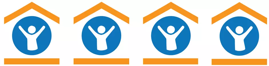 A row of the same four icons, a blank person with arms raised up, inside a simplified house.