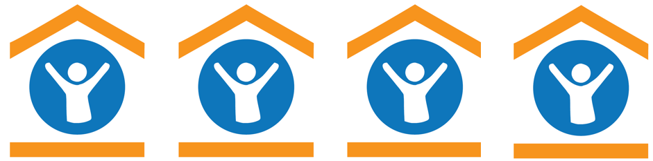 A row of the same four icons, a blank person with arms raised up, inside a simplified house.