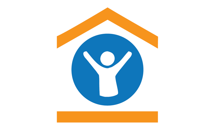 A logo showing a figure with their arms up and outstretched, inside a simplified drawing of a house.