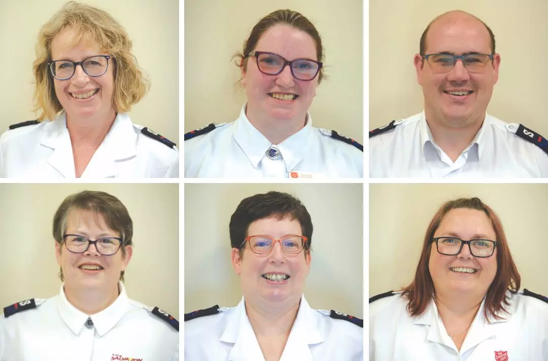 A collage of headshot photos of six territorial envoys wearing Salvation Army uniform