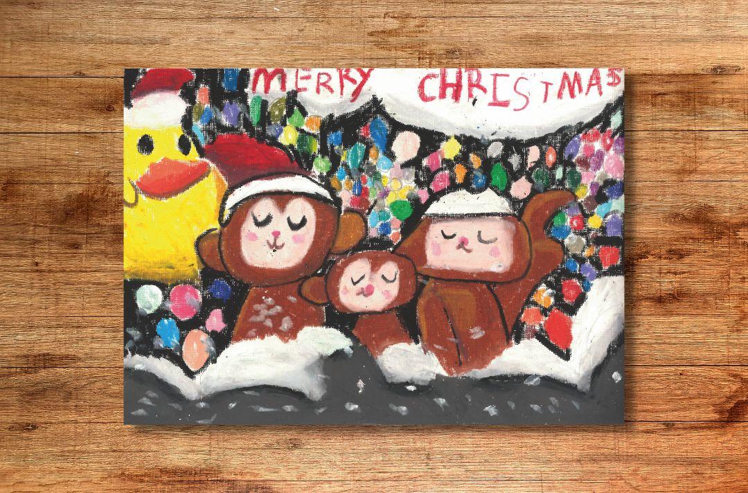 A Christmas card drawn by a child, featuring a family of monkeys and a yellow duck wearing Santa hats. The text reads 'merry Christmas'
