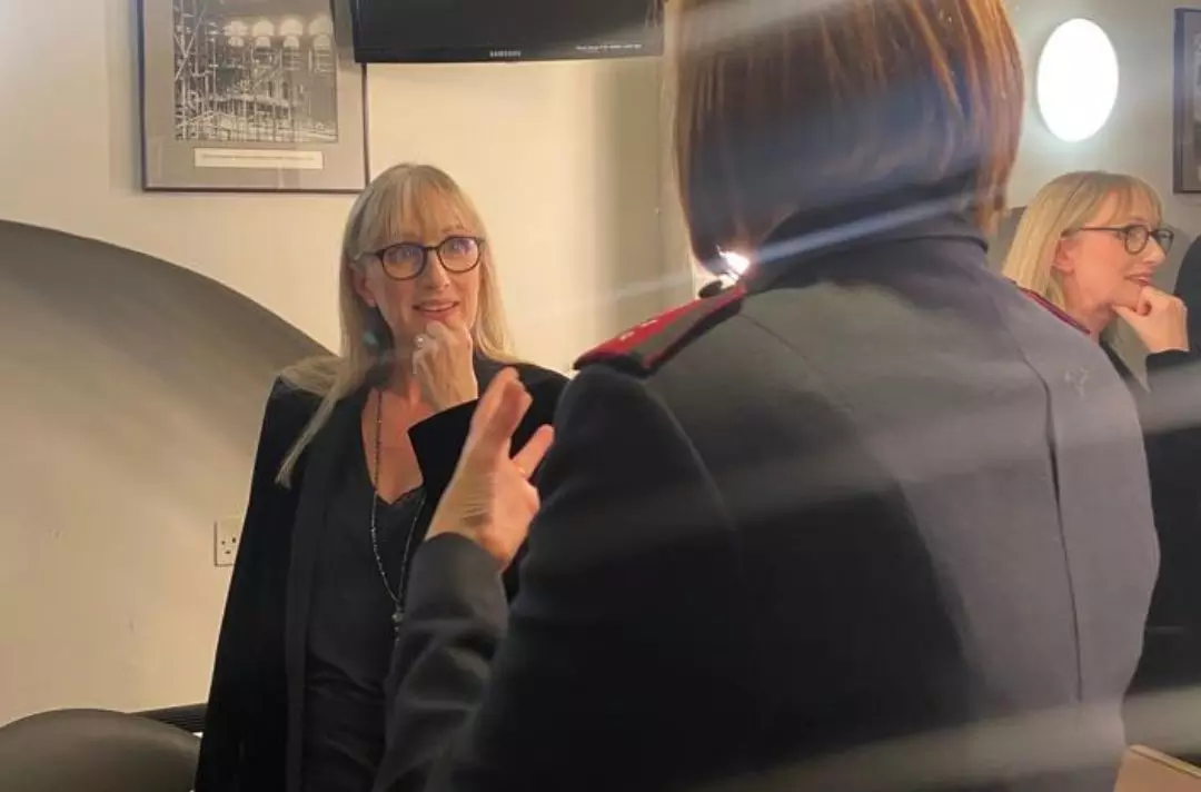 A photo of Jenna Russell being interviewed by Captain Jo Moir in her dressing room