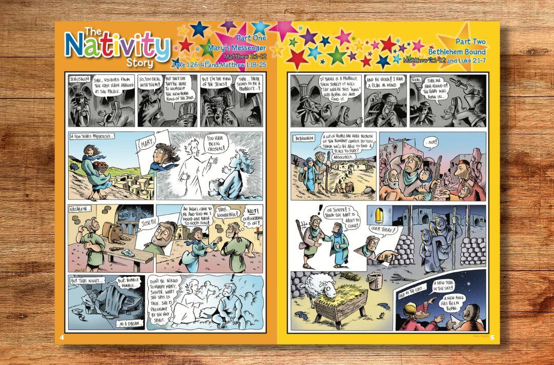 A photo of the Kids Alive! comic open at the Nativity comic strip