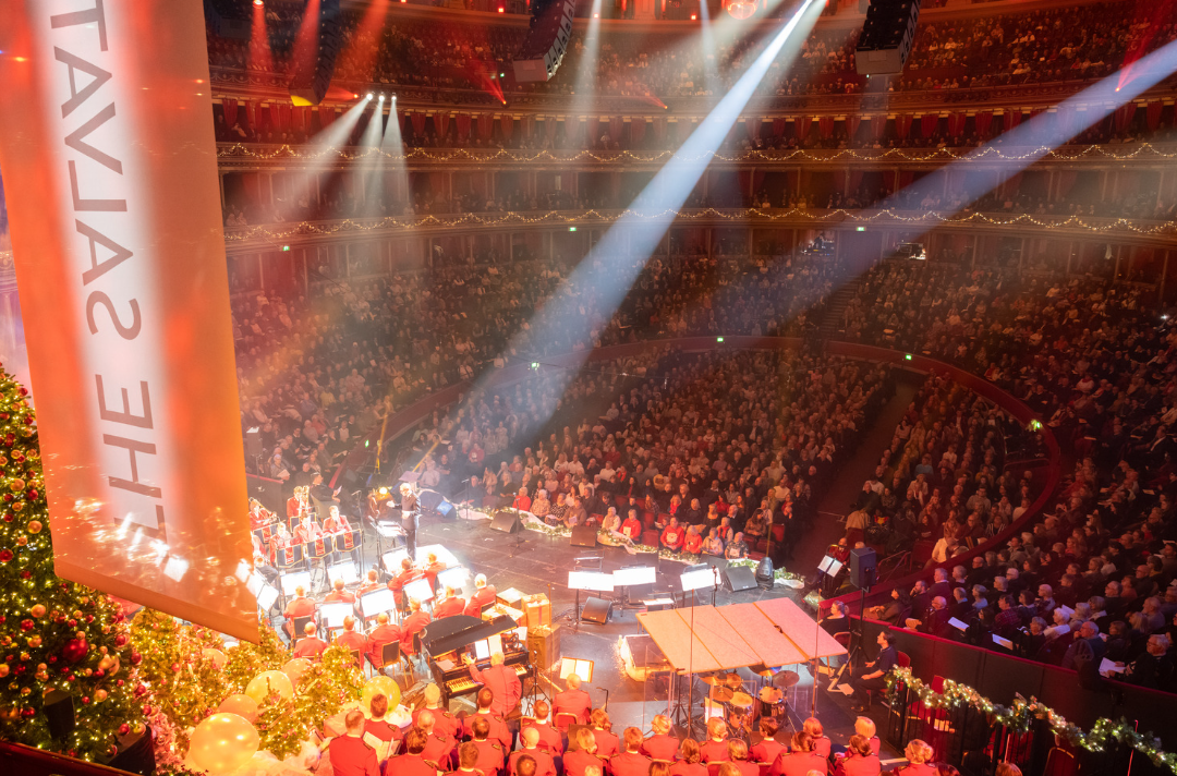 The photo shows a view over the stage and congregation of Christmas with The Salvation Army at the Royal Albert Hall