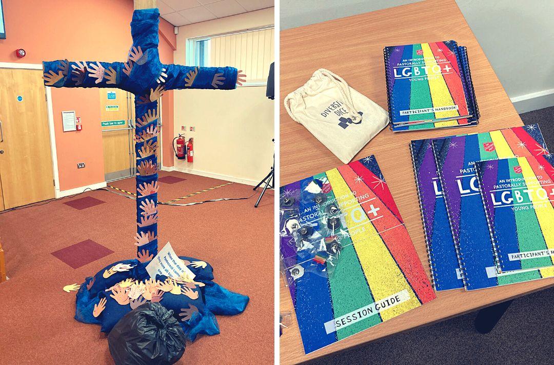 A collage of two photos: one of a creative prayer activity featuring a cross draped in blue fabric and covered with cut out hands. There is bag full of rubbish at the bottom. The second photo is of the Pastorally Supporting LGBT+ Young People booklets on a table