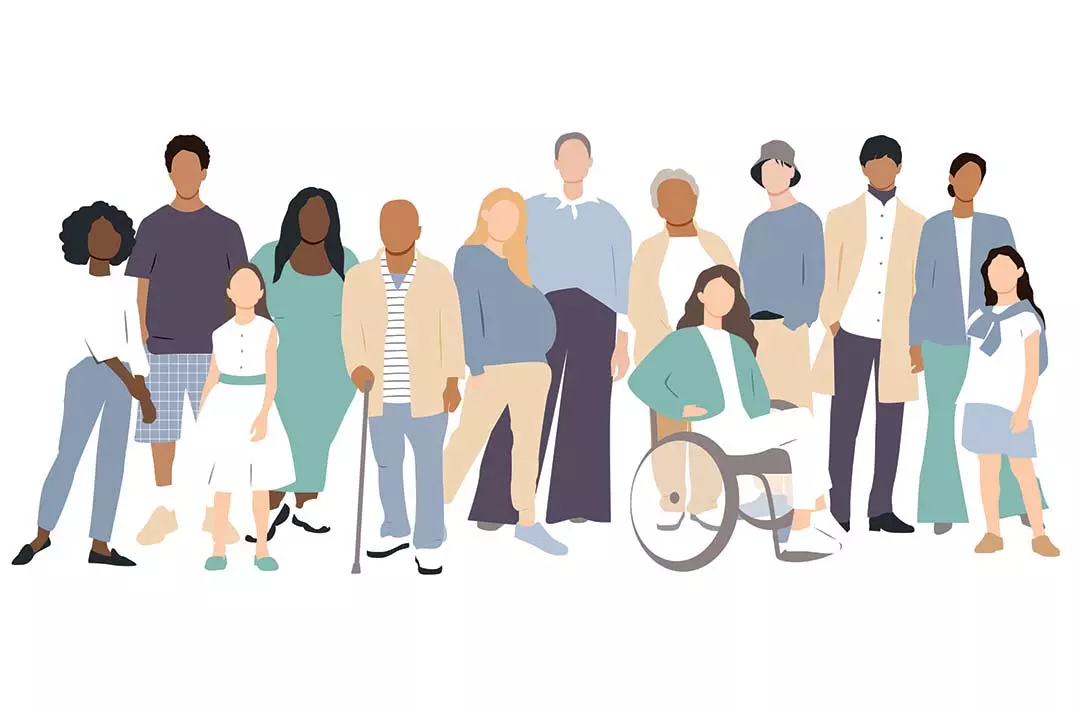 A cartoon graphic showing a diverse group of people of different ages and ethnicities