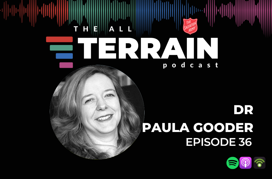 Podcast artwork for episode 36 of The All Terrain Podcast featuring a photo of Paula Gooder
