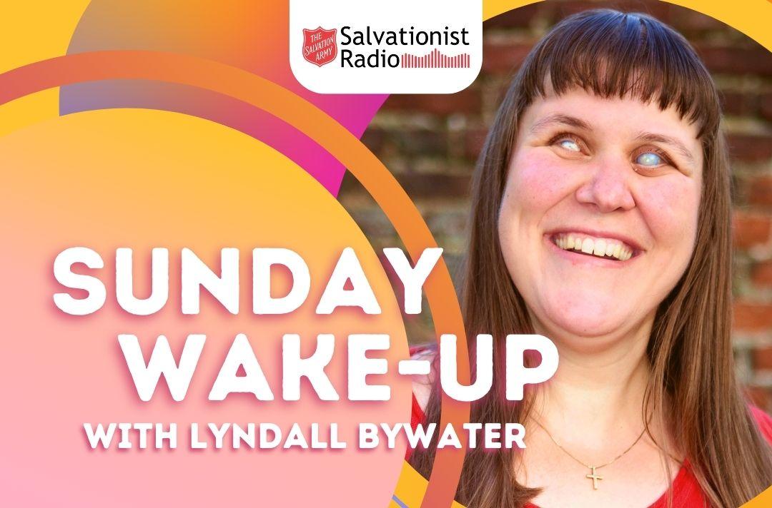 A graphic for a radio show: Sunday Wake-Up with Lyndall Bywater, featuring a photo of Lyndall and a yellow, pink and orange circles