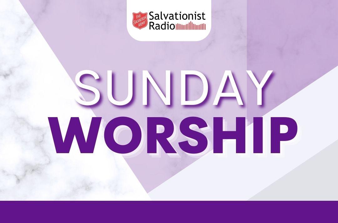 A Salvationist Radio show graphic for Sunday Worship featuring purple shapes