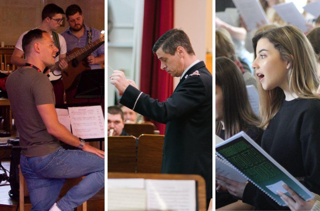 A collage of three photos: 1) A contemporary worship group rehearsing - there are people playing guitars and singing into microphones. 2) A brass band conductor wearing Salvation Army uniform. 3) A youth choir rehearsing.