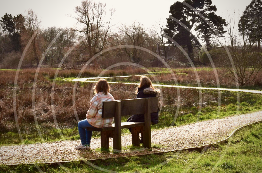 Photo shows two young people sat apart on a park bench with their backs to the camera. White circles have been overlaid to look like they are resonating out of the young people..
