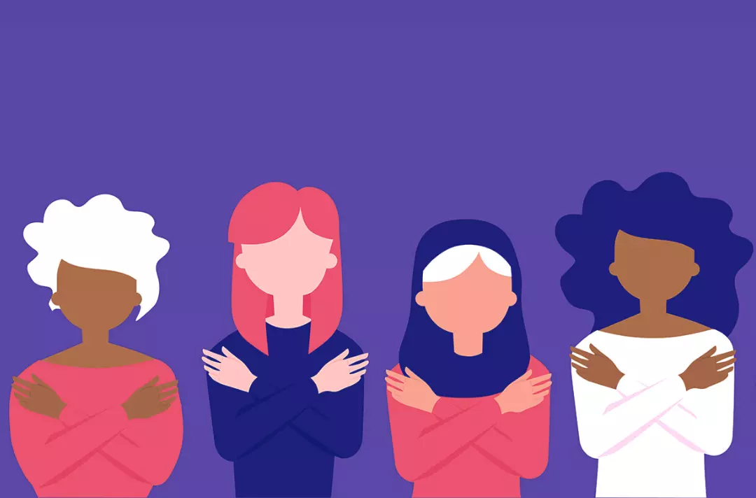 Illustration shows four women with their arms crossed.