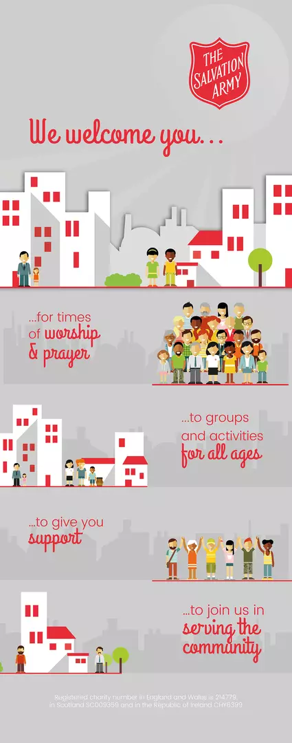 Banner with characters welcoming people
