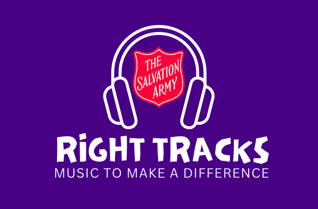 Text reads: Right Tracks. Music to make a difference. The logo is a pair of headphones around the Salvation Army shield against a bright purple background.